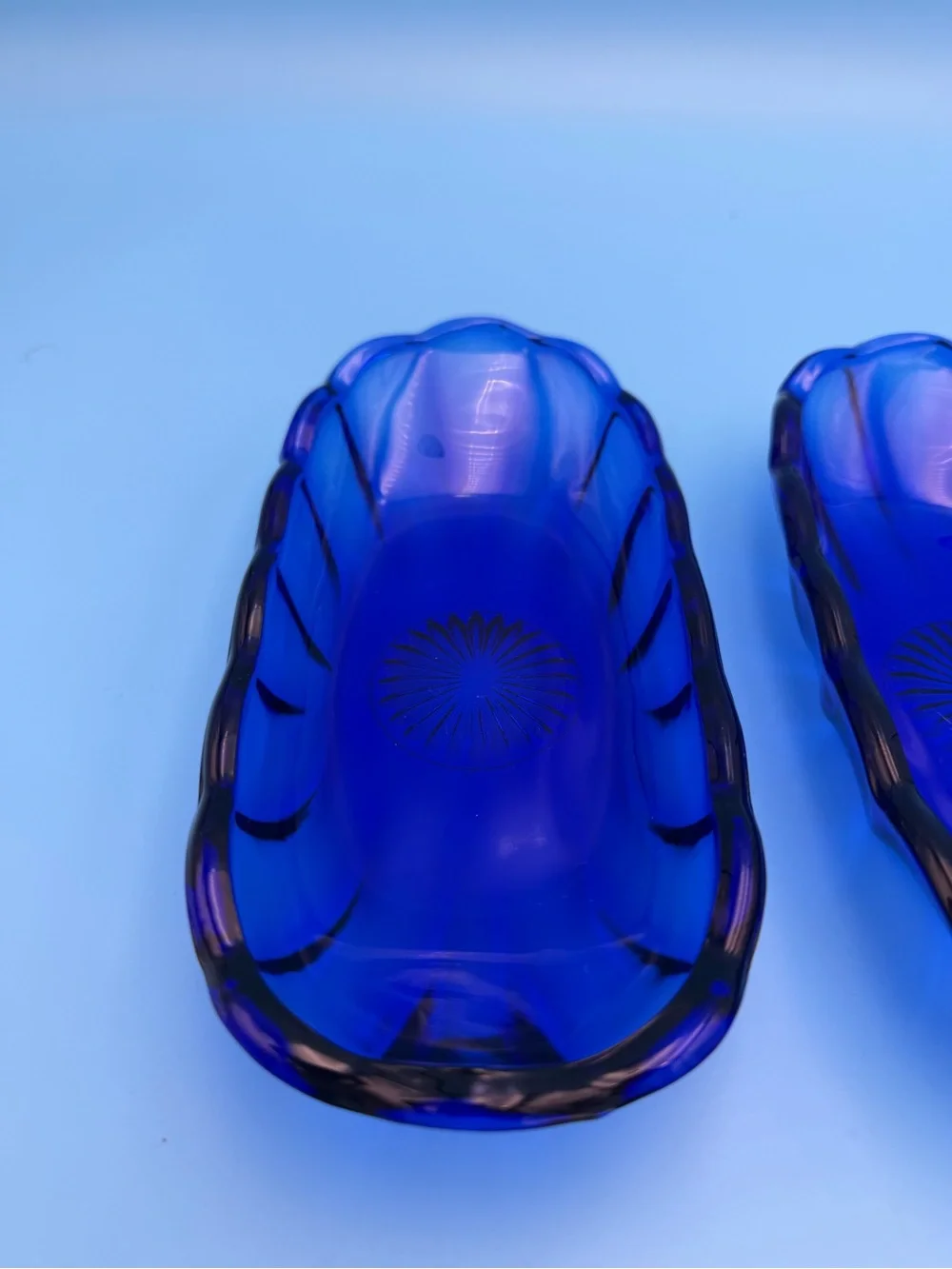Set of 4 Vintage Cobalt Blue Glass Oval Relish Dishes, Scalloped Edges